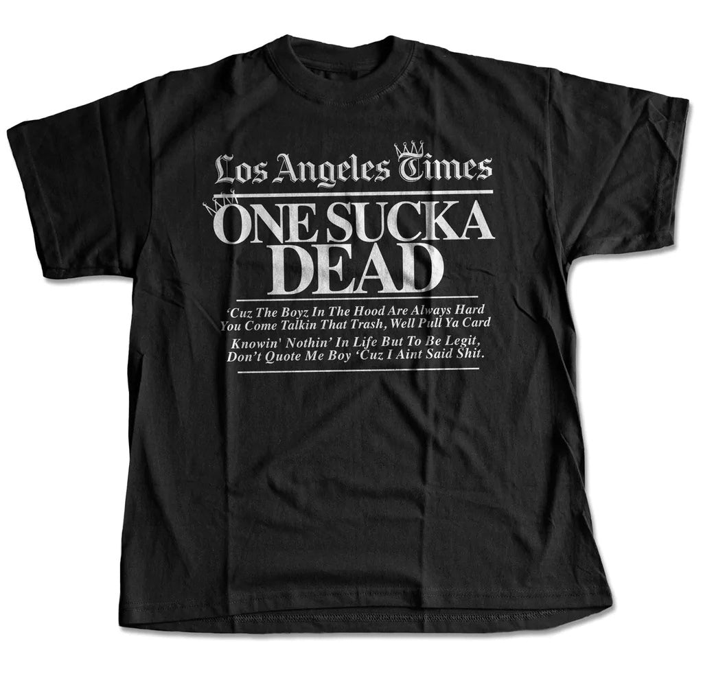 Black t-shirt with white text on a white background